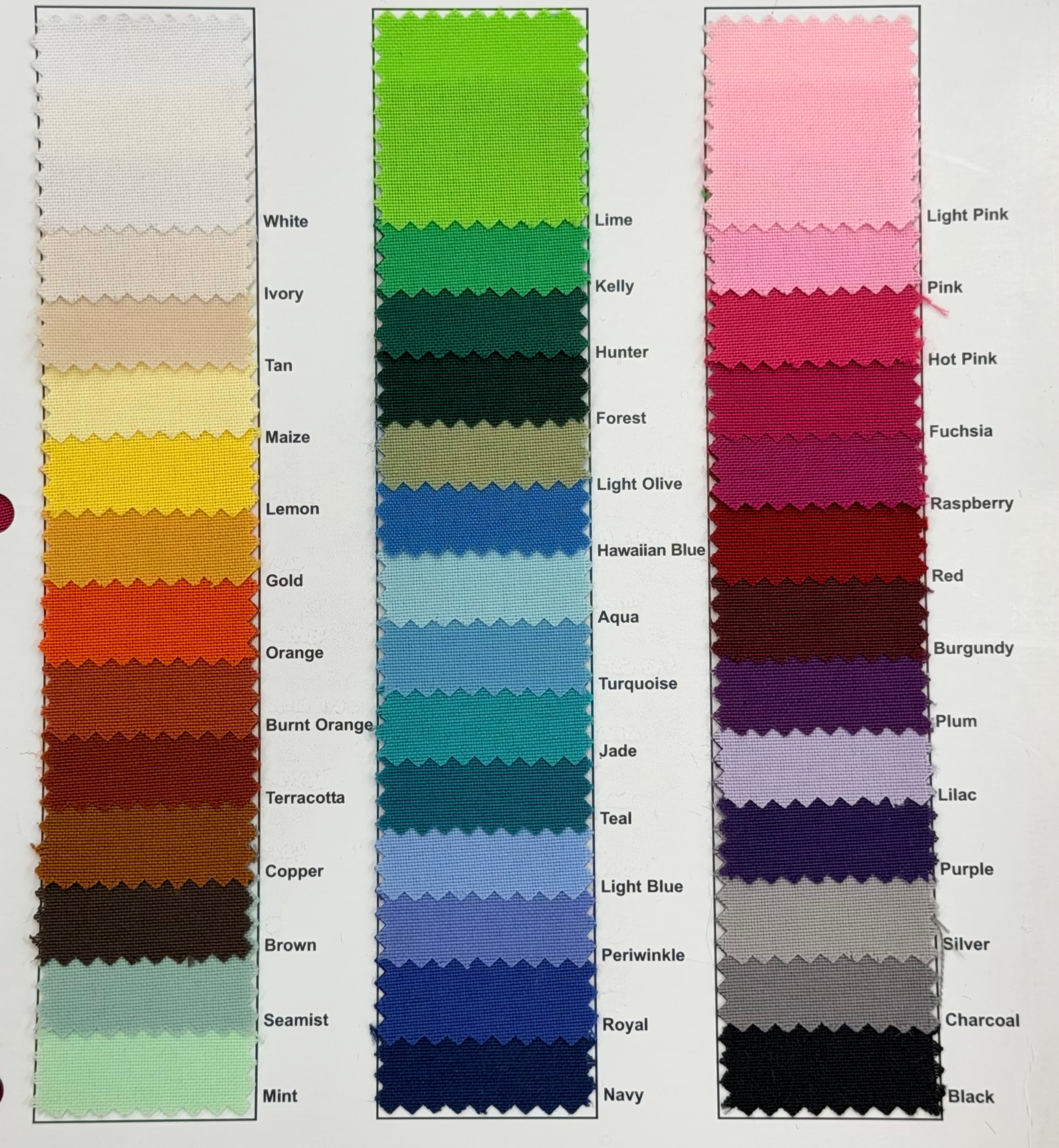 Linen color catalog showing all available rental colors